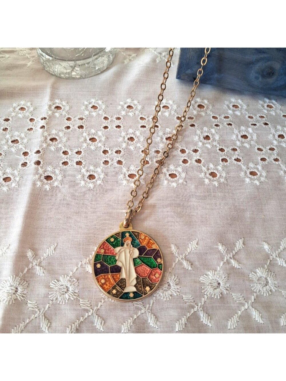 Vtg Virgin Mary Medallion Necklace Italy Colorful Religious Catholic Jewelry 28"